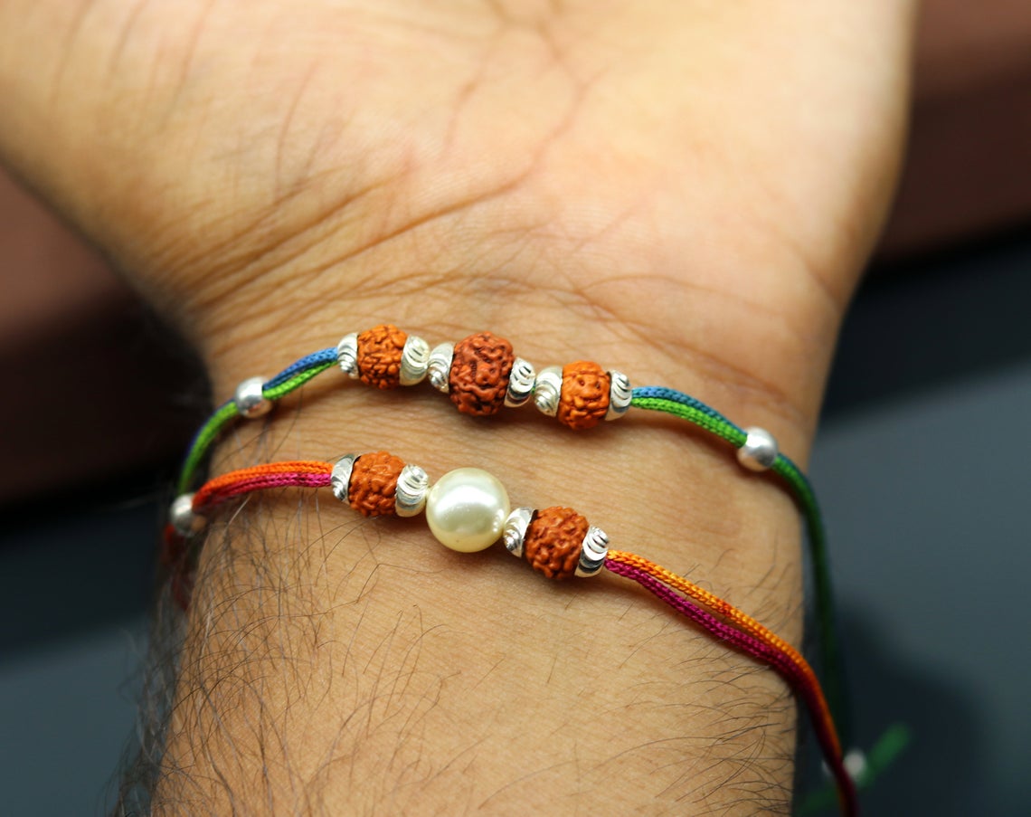 925 sterling silver custom design combo 2 piece Rakhi bracelet with rudraksha beads Best sibling rakhi for Festival Rakshabandhan rk135 - TRIBAL ORNAMENTS