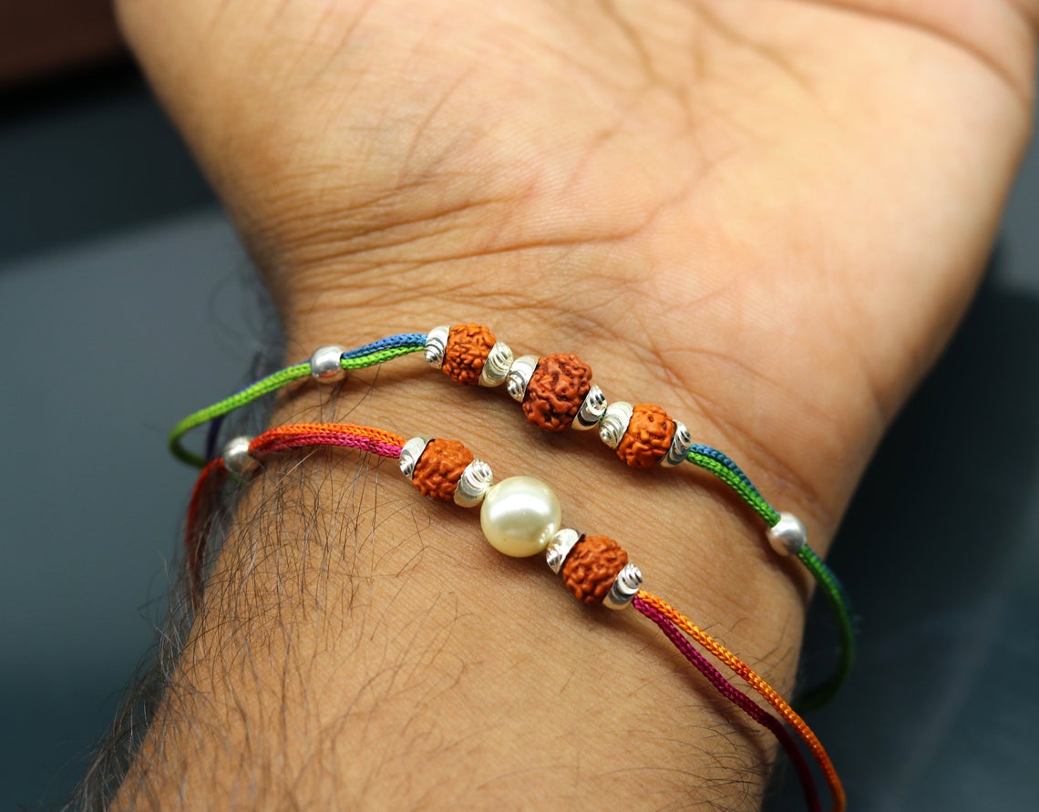 925 sterling silver custom design combo 2 piece Rakhi bracelet with rudraksha beads Best sibling rakhi for Festival Rakshabandhan rk135 - TRIBAL ORNAMENTS