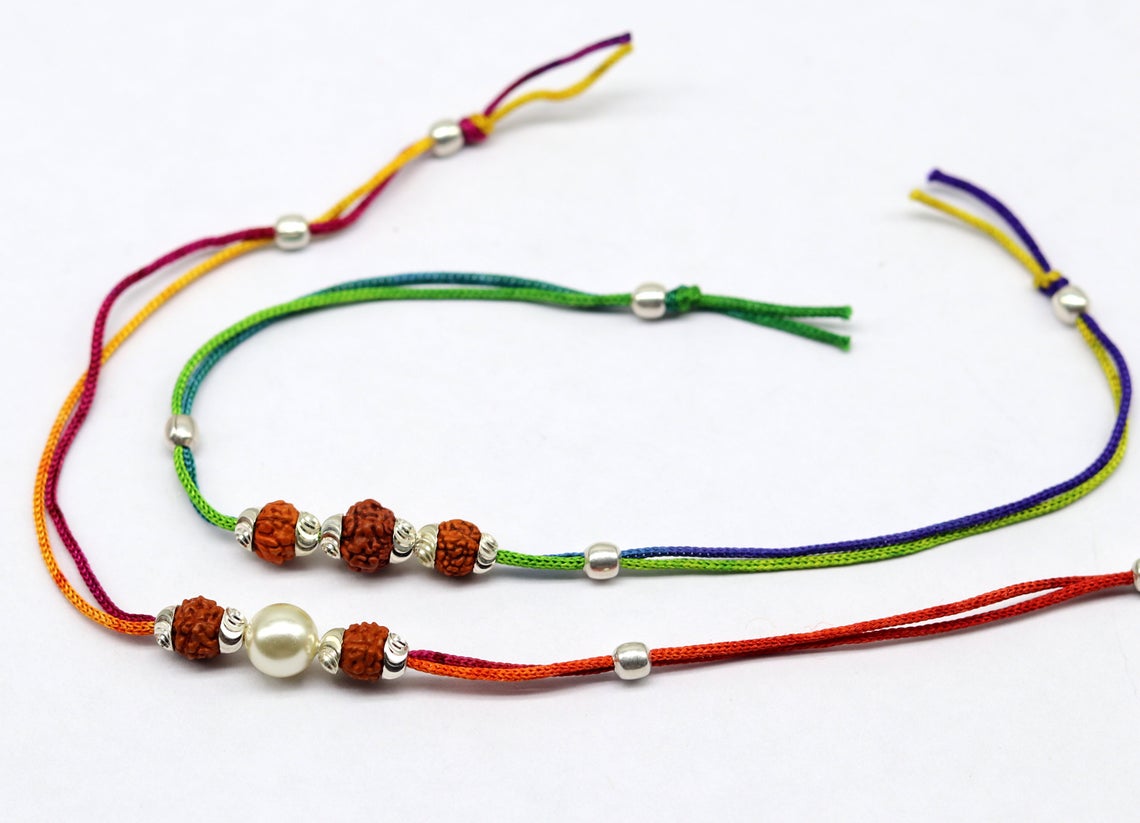 925 sterling silver custom design combo 2 piece Rakhi bracelet with rudraksha beads Best sibling rakhi for Festival Rakshabandhan rk135 - TRIBAL ORNAMENTS