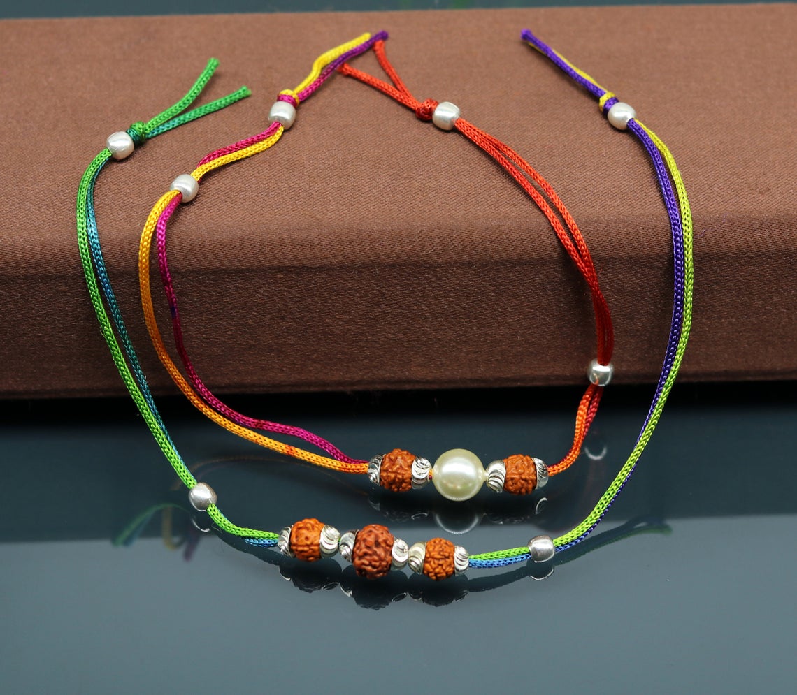 925 sterling silver custom design combo 2 piece Rakhi bracelet with rudraksha beads Best sibling rakhi for Festival Rakshabandhan rk135 - TRIBAL ORNAMENTS