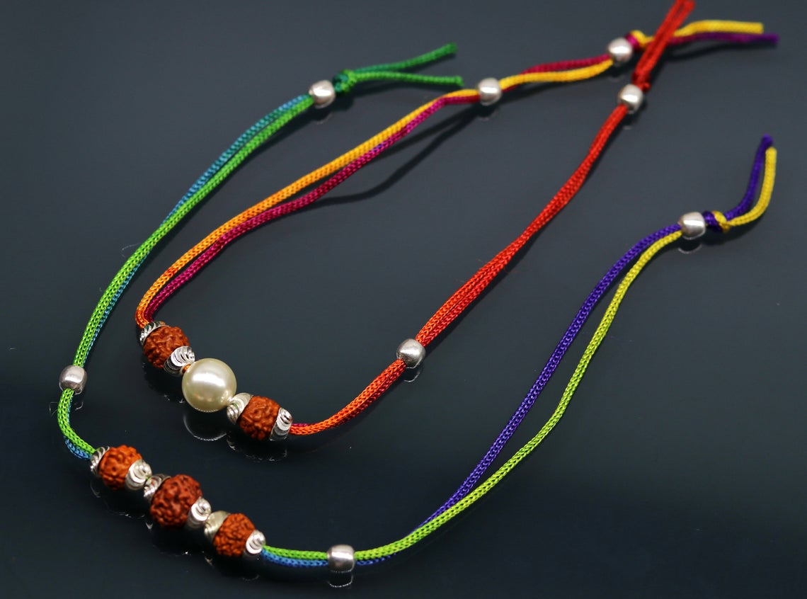 925 sterling silver custom design combo 2 piece Rakhi bracelet with rudraksha beads Best sibling rakhi for Festival Rakshabandhan rk135 - TRIBAL ORNAMENTS