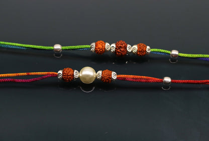 925 sterling silver custom design combo 2-piece bracelet with Rudraksha beads, featuring intricate thread detailing by TRIBAL ORNAMENTS