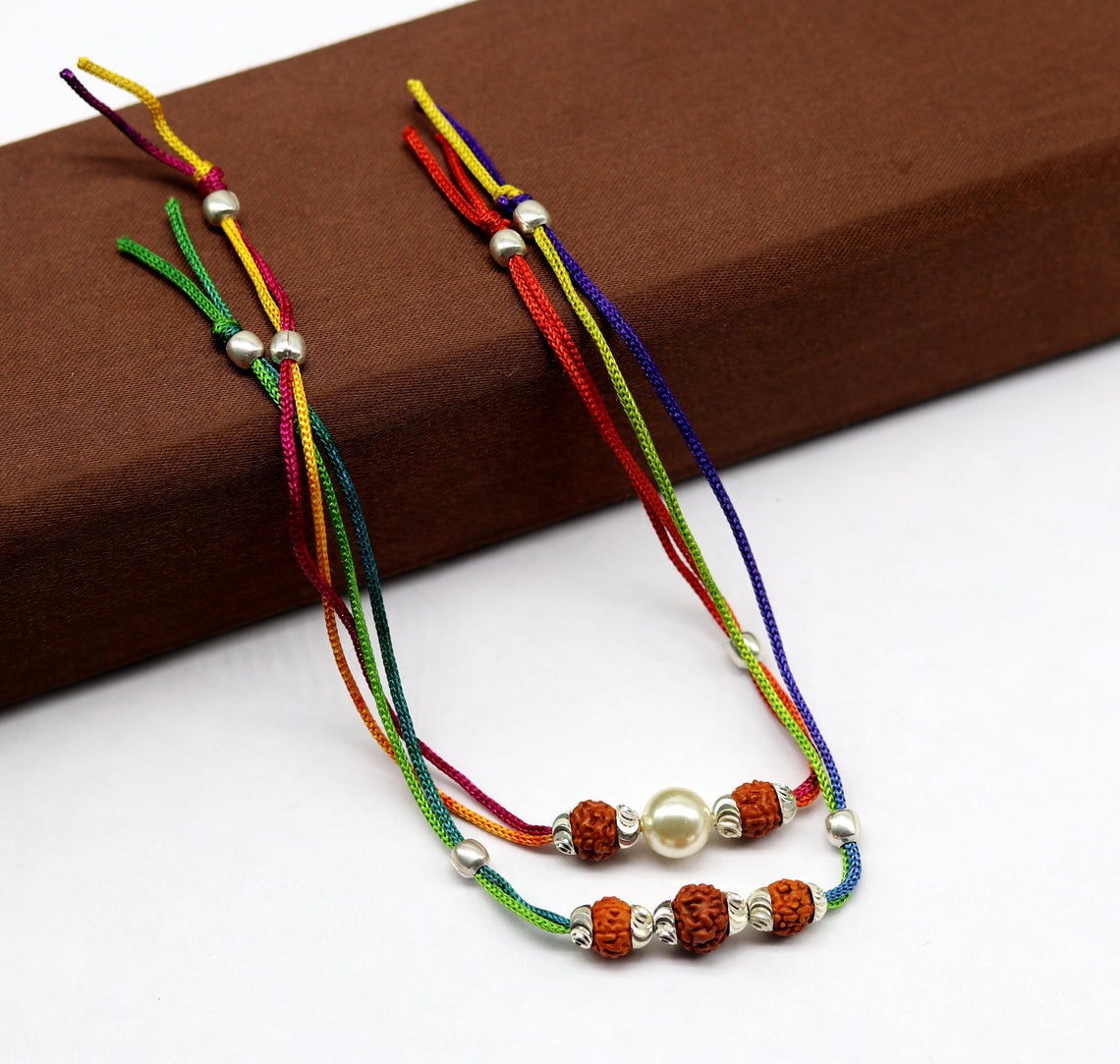 925 sterling silver custom design combo 2 piece Rakhi bracelet with rudraksha beads Best sibling rakhi for Festival Rakshabandhan rk135 - TRIBAL ORNAMENTS