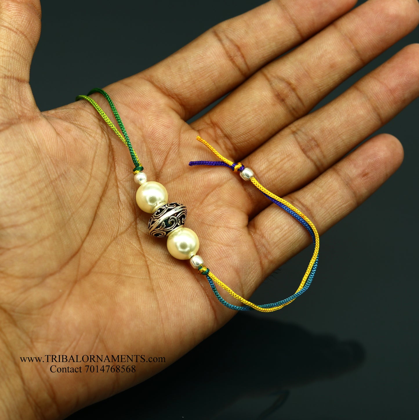 925 sterling silver handmade beautiful bead with pearl design Rakhi Bracelet, amazing stylish gift for Rakshabandhan rk127 - TRIBAL ORNAMENTS