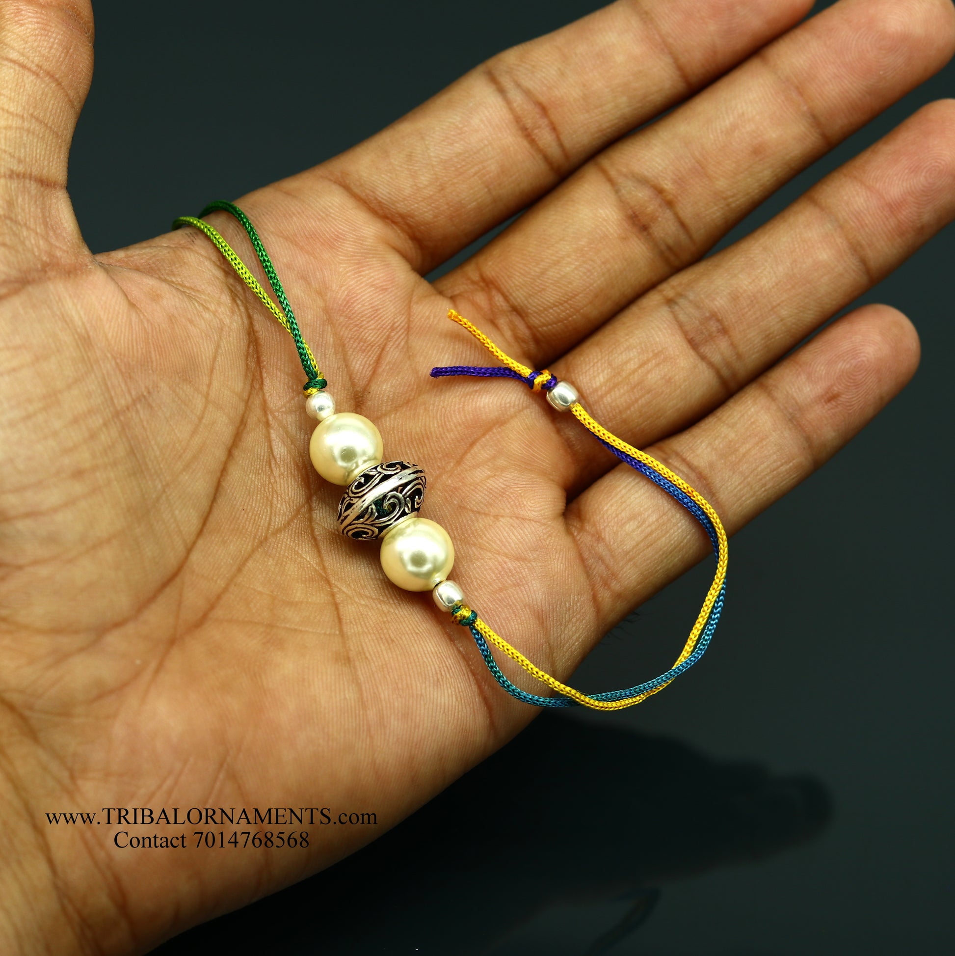 925 sterling silver handmade beautiful bead with pearl design Rakhi Bracelet, amazing stylish gift for Rakshabandhan rk127 - TRIBAL ORNAMENTS