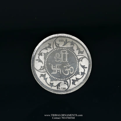 999 silver Ganesha, Lakshmi, Saraswati coins for Diwali, featuring intricate designs, 100 grams, by Tribal Ornaments.