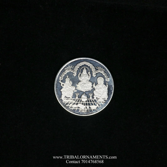 92.5 Silver Purity Ganesha + Lakshmi + Saraswati 50 Gram Coin for diwali CN17 - TRIBAL ORNAMENTS