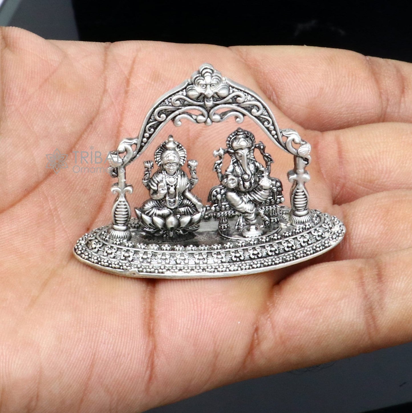 1.2" 925 Sterling silver Lakshmi and Ganesha statue, puja article figurine, Diwali puja brings joy, hope, and wealth to the owners art709 - TRIBAL ORNAMENTS