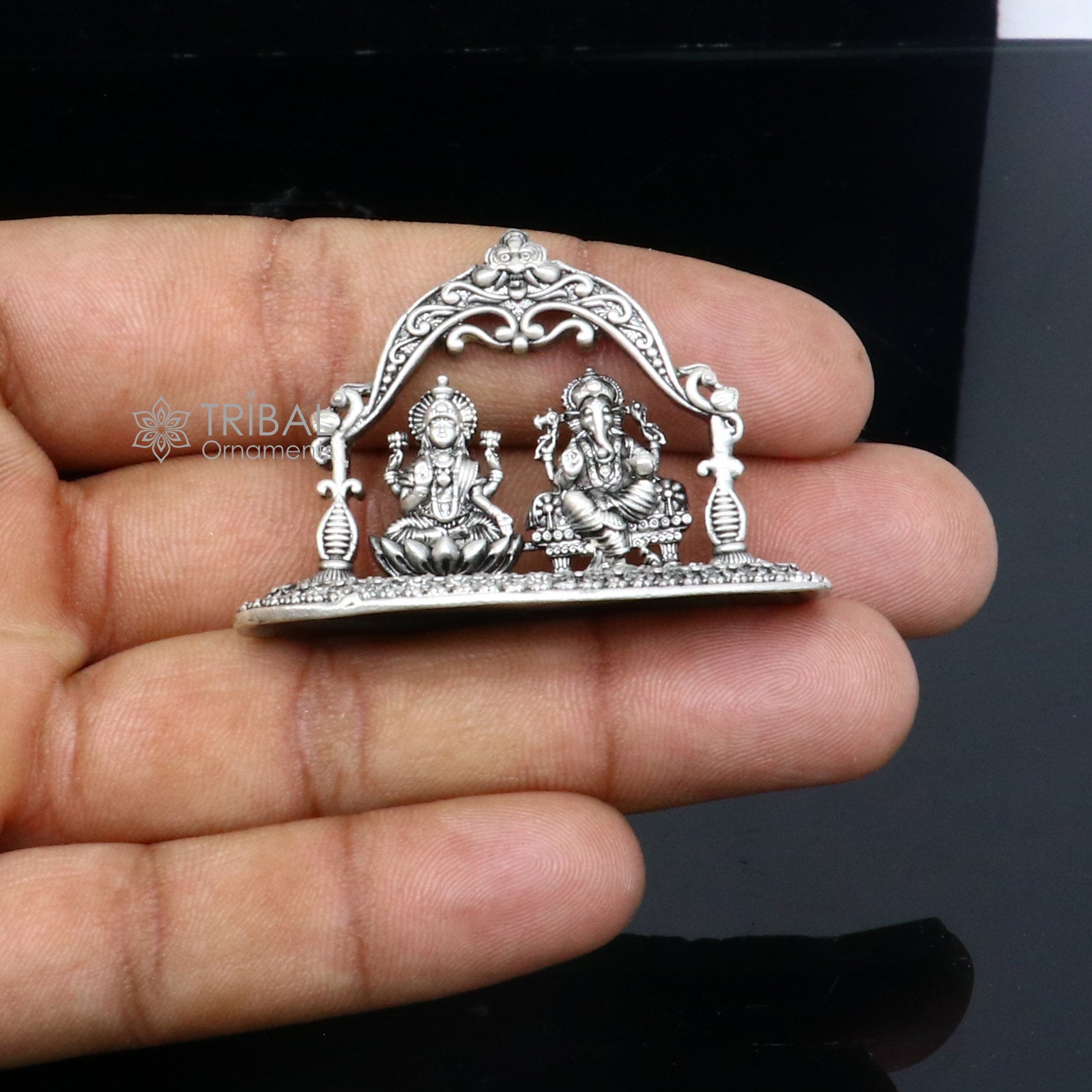 1.2" 925 Sterling silver Lakshmi and Ganesha statue, puja article figurine, Diwali puja brings joy, hope, and wealth to the owners art709 - TRIBAL ORNAMENTS
