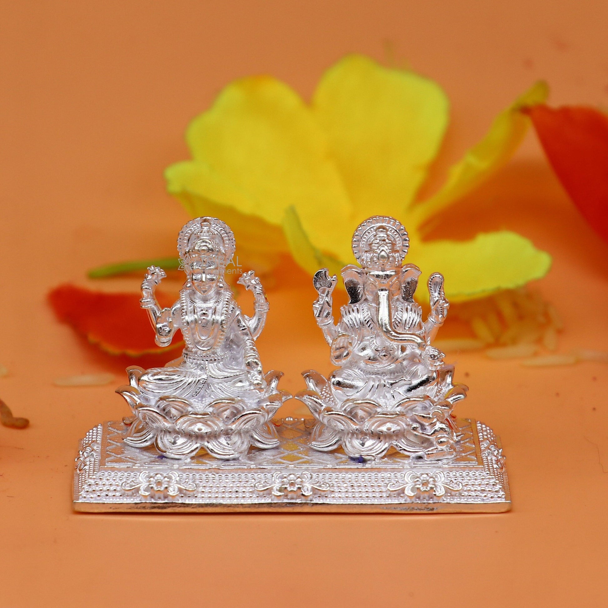 1.2" 925 Sterling silver Lakshmi and Ganesha statue, puja article figurine, Diwali puja brings joy, hope, and wealth to the owners art726 - TRIBAL ORNAMENTS