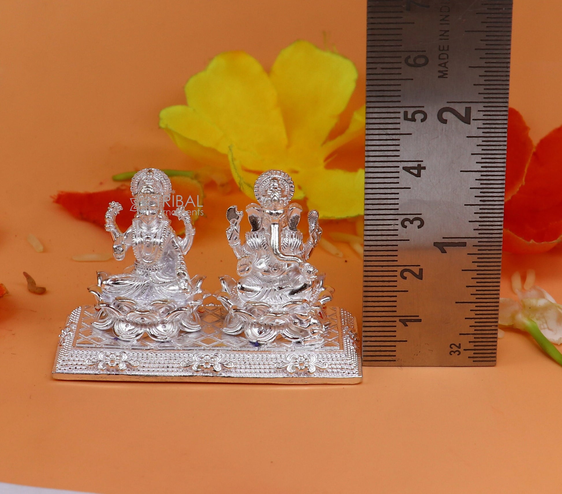 1.2" 925 Sterling silver Lakshmi and Ganesha statue, puja article figurine, Diwali puja brings joy, hope, and wealth to the owners art726 - TRIBAL ORNAMENTS