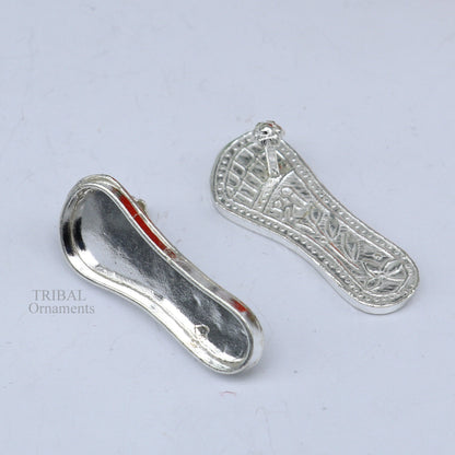 1.2" sterling silver handmade Charan paduka or slippers for idol Krishna, laddu gopala, little krishna or Vshnu Narayana puja art su694 - TRIBAL ORNAMENTS