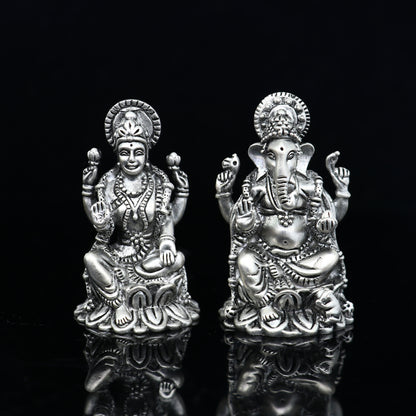 1.5" 925 Sterling silver Lakshmi and Ganesha statue, puja article figurine, Diwali puja brings joy, hope, and wealth to the owners art720 - TRIBAL ORNAMENTS