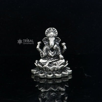 1.5" 925 Sterling silver lord Ganesha Kamlasan statue puja article figurine, Diwali puja Divine silver article of prosperity& wealth art714 - TRIBAL ORNAMENTS