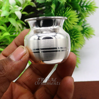 Small 1.5-inch handmade sterling silver Kalash pot, traditional Indian water or milk puja article, plain and unique design.