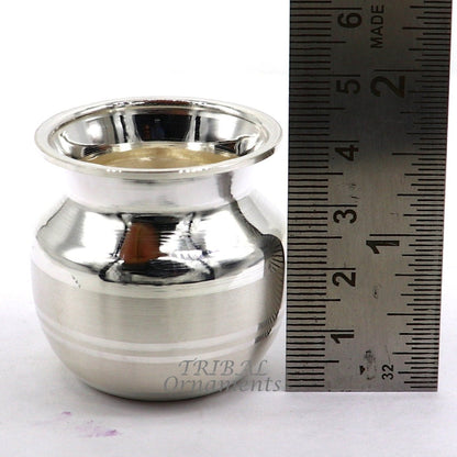 Small 1.5-inch handmade sterling silver Kalash pot, traditional Indian puja water or milk vessel with plain design by Tribal Ornaments.