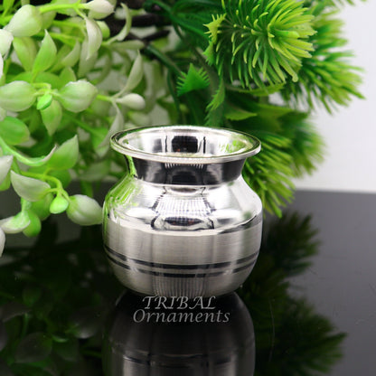 Small handmade 1.5-inch 925 sterling silver Kalash pot, traditional Indian puja water or milk vessel with plain design.