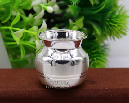 Small 1.5-inch handmade sterling silver Kalash pot, traditional Indian silver puja article for water or milk offerings.