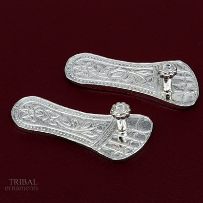 1.8" sterling silver handmade idols Charan paduka,slippers for idol krishna, laddu gopala, little krishna or Vshnu Narayana puja art su643 - TRIBAL ORNAMENTS