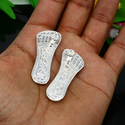 1.8" sterling silver handmade idols Charan paduka,slippers for idol krishna, laddu gopala, little krishna or Vshnu Narayana puja art su643 - TRIBAL ORNAMENTS