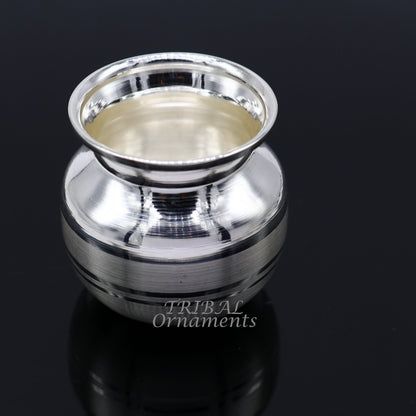 Small handmade 1.8-inch sterling silver Kalash or pot, traditional silver puja article for water or milk, crafted by Tribal Ornaments.