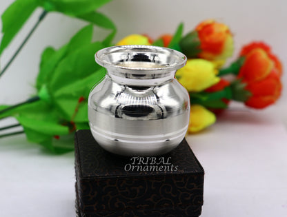 Small 1.8-inch handmade sterling silver Kalash pot for puja, featuring a plain design, perfect for water or milk offerings.