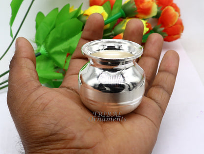 Small 1.8-inch handmade 925 sterling silver Kalash pot, traditional Indian silver puja article for water or milk offerings.