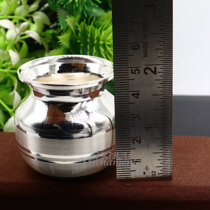 Small handmade 1.8-inch sterling silver Kalash pot by Tribal Ornaments, traditional water or milk puja vessel, plain design.