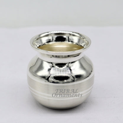 Small 1.8-inch 925 sterling silver handmade Kalash pot, traditional silver puja item for water or milk offerings, India.