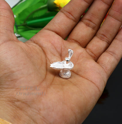 Small 1-inch handmade solid sterling silver Lord Shiva lingam stand by TRIBAL ORNAMENTS for puja, wealth, and prosperity.