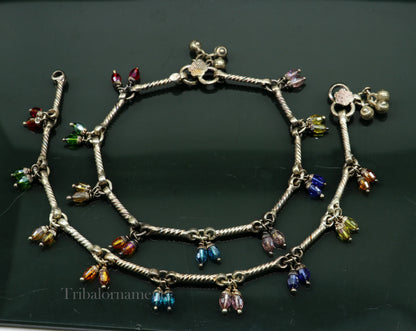 Handmade vintage sterling silver anklet with intricate tribal design, traditional ethnic anklet jewelry for belly dancing or ethnic wear.