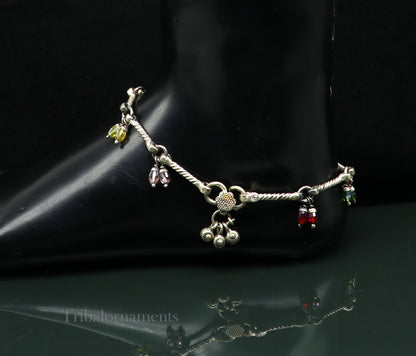 Handmade vintage sterling silver anklet with intricate tribal designs, ethnic belly dance jewelry, and antique craftsmanship.