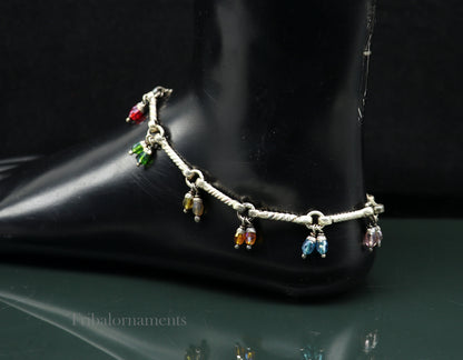 Vintage 10.2-inch sterling silver handmade tribal anklet with intricate ethnic designs, perfect for belly dance or ethnic jewelry styles.