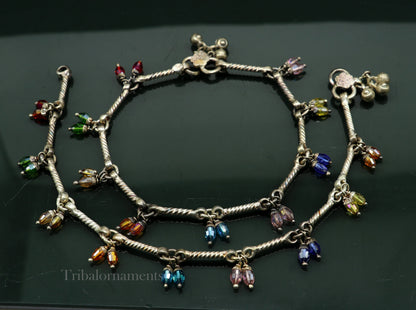 Handmade 10.2-inch sterling silver vintage tribal anklet with intricate ethnic designs, ideal for belly dance and tribal jewelry styles.