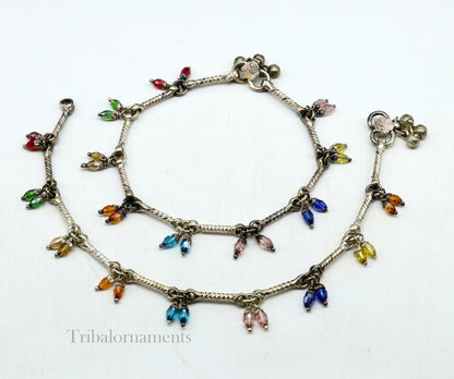 Handmade 10.2-inch vintage sterling silver anklet with intricate tribal design, ethnic belly dance jewelry, used antique ankle accessory
