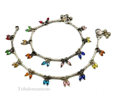 10.2-inch vintage sterling silver handmade tribal anklets with intricate ethnic designs, used tribal belly dance jewelry.