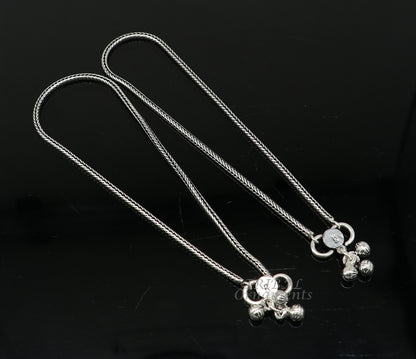 Sterling silver 10.5-inch handmade wheat chain ankle bracelet with vintage oxidized tribal charm and intricate cultural jewelry details