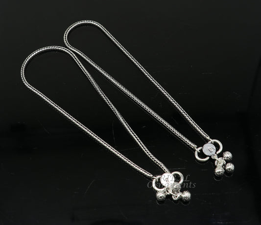 10.5" 2mm 925 Sterling silver handmade wheat chain ankle bracelet, vintage oxidized charm anklets tribal belly dance cultural jewelry ank529 - TRIBAL ORNAMENTS