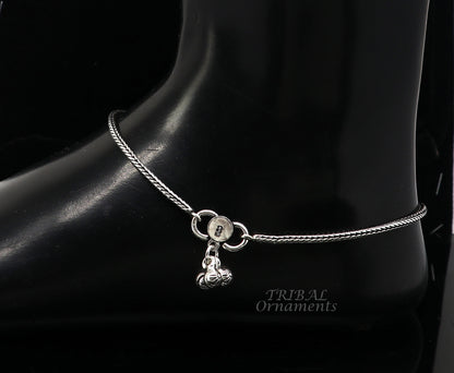 Sterling silver 10.5" handmade wheat chain ankle bracelet with vintage oxidized charm, tribal belly dance cultural jewelry.