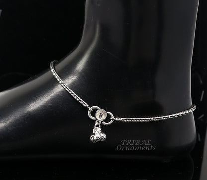 Sterling silver handmade wheat chain ankle bracelet with vintage oxidized tribal charm, ideal for belly dance and cultural jewelry styles.