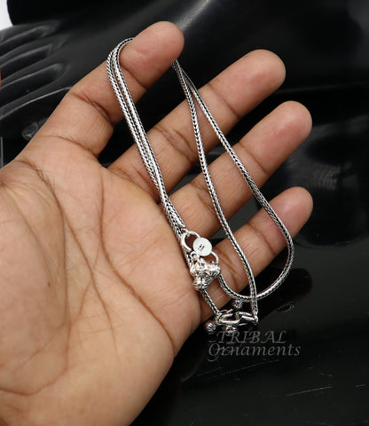 Sterling silver handmade wheat chain ankle bracelet with vintage oxidized tribal charm, ideal for belly dance and cultural jewelry styles.
