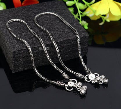 10.5-inch TRIBAL ORNAMENTS silver handmade wheat chain ankle bracelet with vintage-style charms and tribal belly dance jewelry.