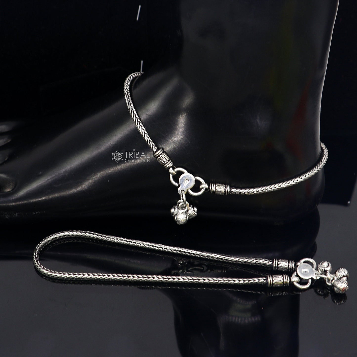 10.5" 925 solid silver handmade 2.5mm wheat chain ankle bracelet, vintage style charm anklets, tribal belly dance jewelry ank587 - TRIBAL ORNAMENTS