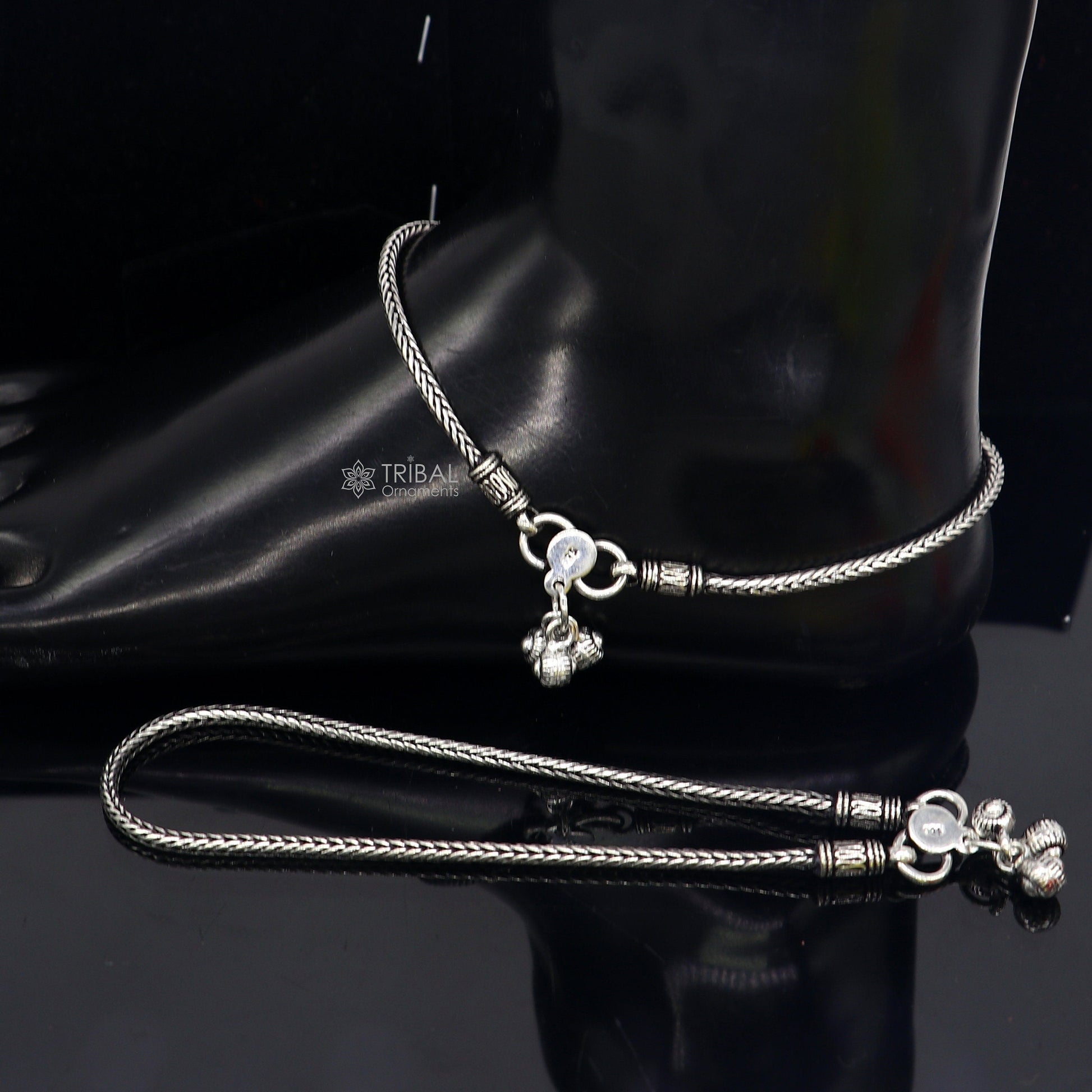 10.5" 925 solid silver handmade 2.5mm wheat chain ankle bracelet, vintage style charm anklets, tribal belly dance jewelry ank587 - TRIBAL ORNAMENTS