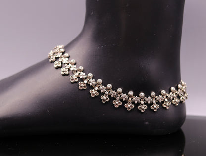 Handmade 10.5-inch sterling silver tribal ankle bracelet with vintage design, perfect for brides or special gifting.