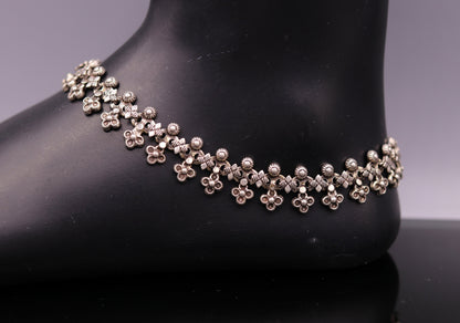Sterling silver 10.5-inch vintage tribal ankle bracelet by TRIBAL ORNAMENTS, handcrafted jewelry perfect for brides or gifting.