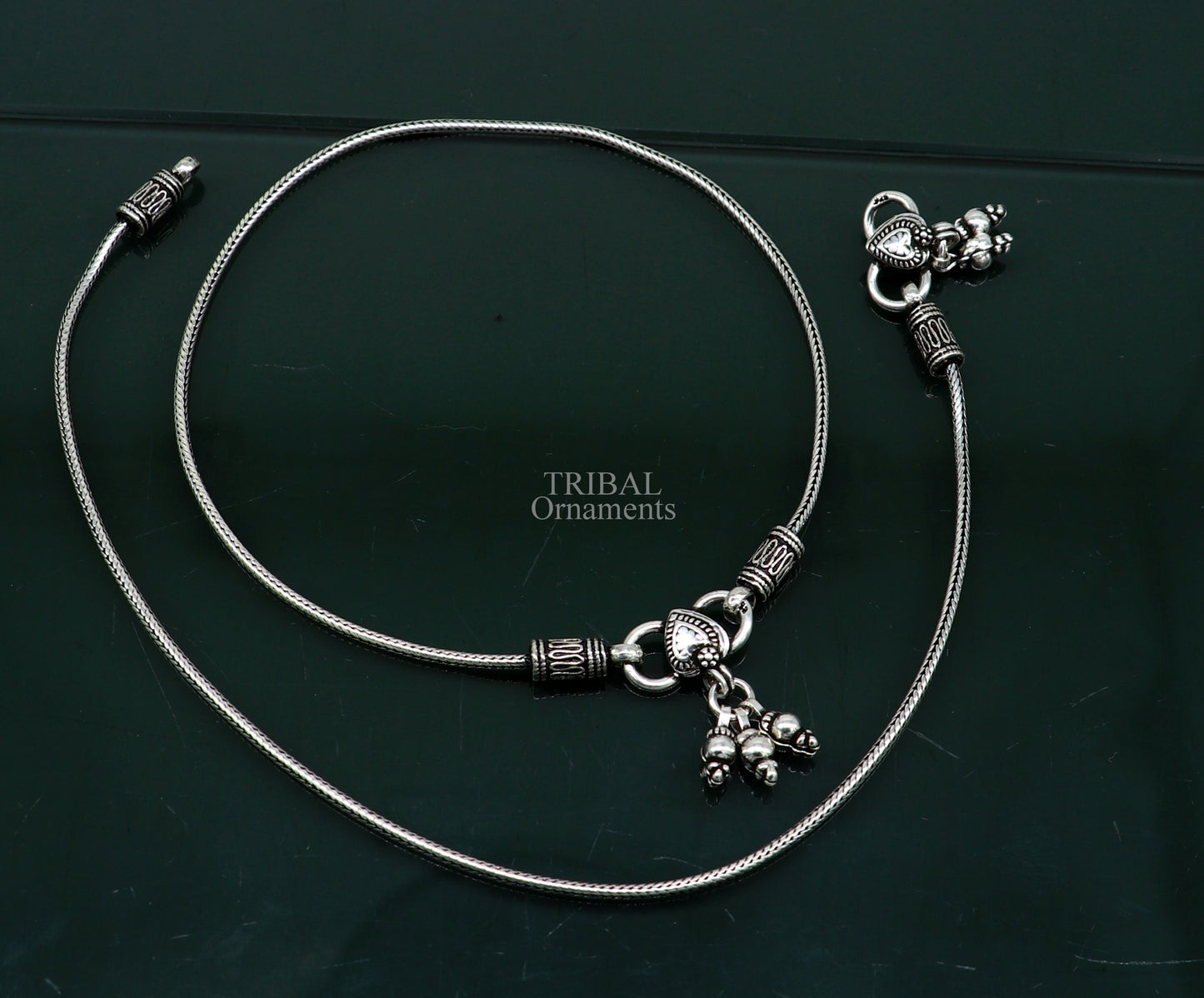 10.5" 925 Sterling silver handmade wheat chain ankle bracelet, vintage oxidized charm anklets, tribal belly dance customized jewelry nank468 - TRIBAL ORNAMENTS