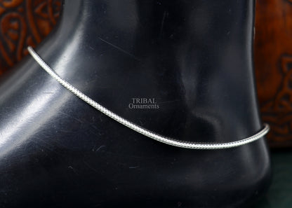 Sterling silver 10.5-inch handmade wheat chain ankle bracelet with vintage oxidized tribal charm, perfect for tribal belly dance jewelry