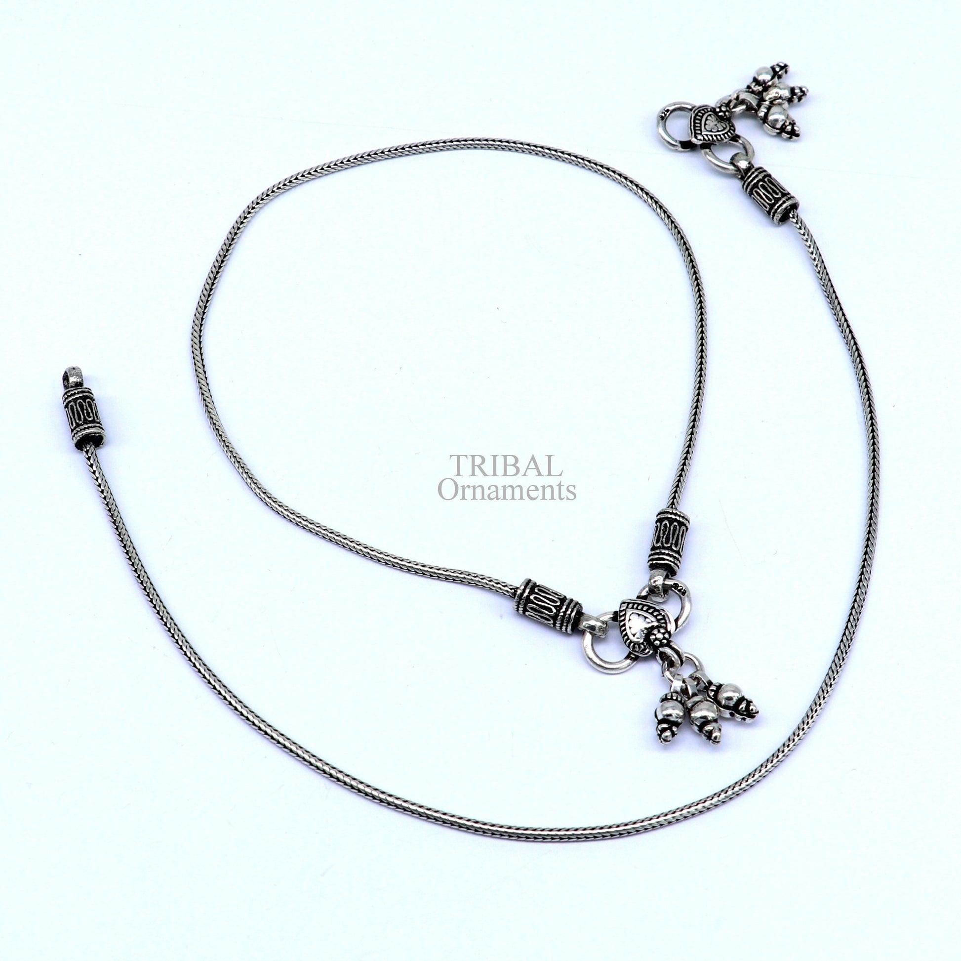 10.5" 925 Sterling silver handmade wheat chain ankle bracelet, vintage oxidized charm anklets, tribal belly dance customized jewelry nank468 - TRIBAL ORNAMENTS