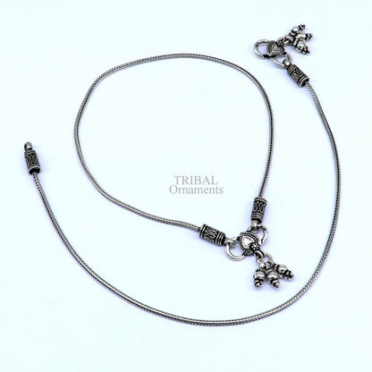 Sterling silver handmade wheat chain ankle bracelet with vintage oxidized tribal charm, ideal for belly dance or boho fashion.